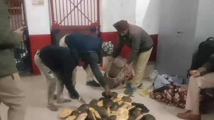 कछुओं को वन विभाग के लिए भेजती पुलिस।