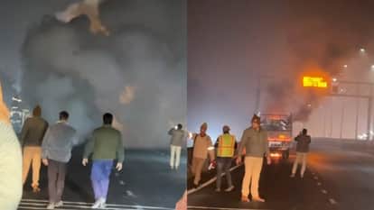 canter on highway suddenly caught fire in its cabin driver saved his life by jumping out