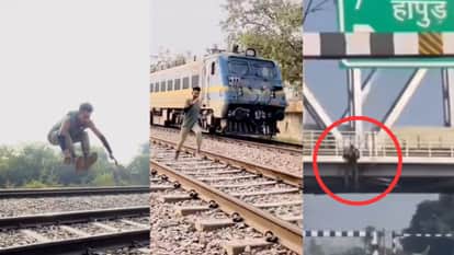viral video of Youth performed stunt by hanging from over bridge of freight corridor Hapur