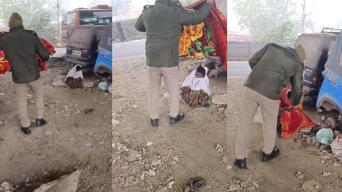 ठंड से ठिठुर रहे बुजुर्गों को सिपाही ने दिए कंबल