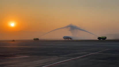 Navi Mumbai international Airport Begins commercial Flight Operations Water Salute on First Landing