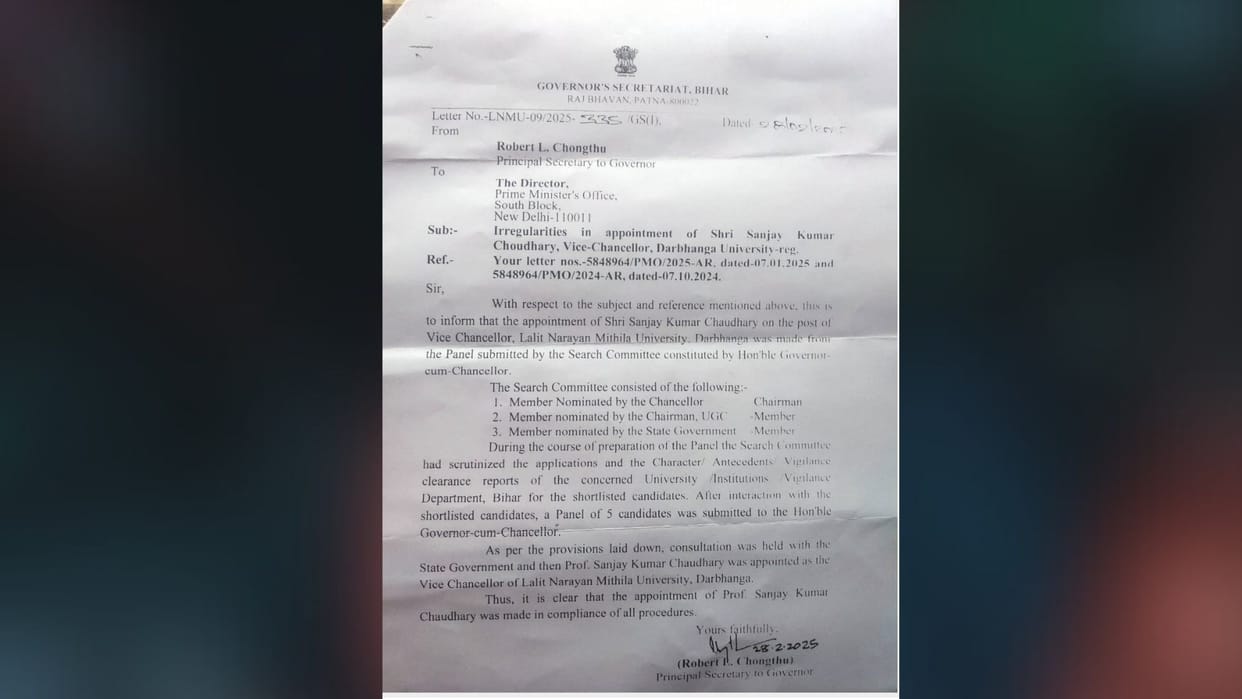 Bihar: LNMU Vice-Chancellor Sanjay Kumar Chaudhary receives a clean chit from the Raj Bhavan