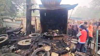 Fire breaks out in tire repair shop next to petrol pump people panic five fire engines in sonbhadra