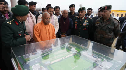 CM Yogi arrives to inspect the NCC Training Academy being built in Gorakhpur.