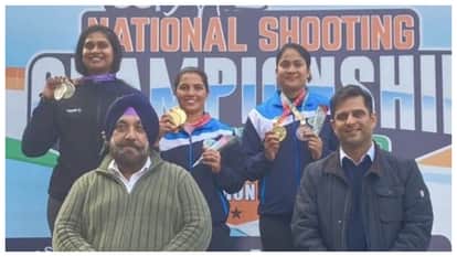 Neeru Dhanda clinching the women's trap gold medal in the National Shooting Championship match results