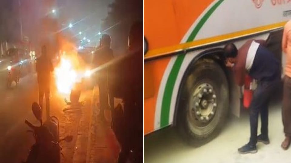 running car turned into ball of fire, flames also erupted from roadways bus