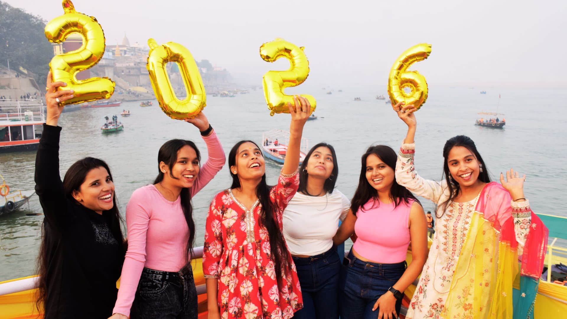 New Year 2026 celebration in Varanasi with dancing boating on ganga ghat