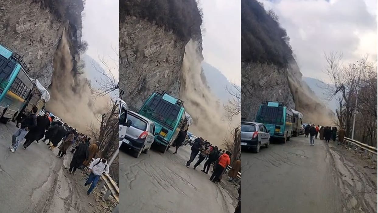 Landslide on Uri Road in Baramulla, debris fell from the mountain in front of Eco Park.