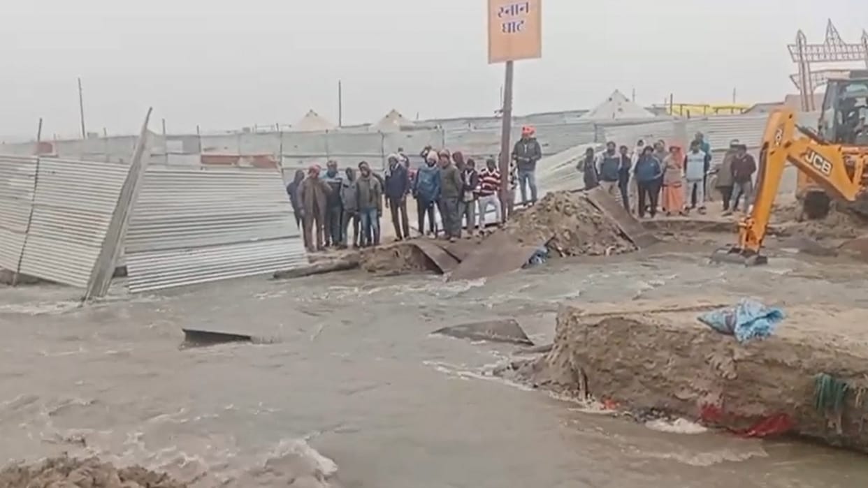 culvert was washed away by the strong current of the Ganges during the Magh Mela