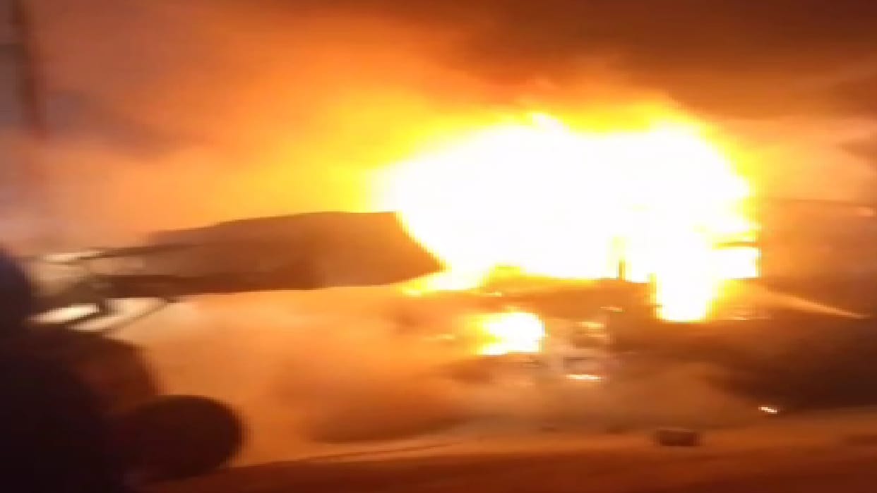 A truck parked in the rebar factory premises caught fire, causing panic late at night