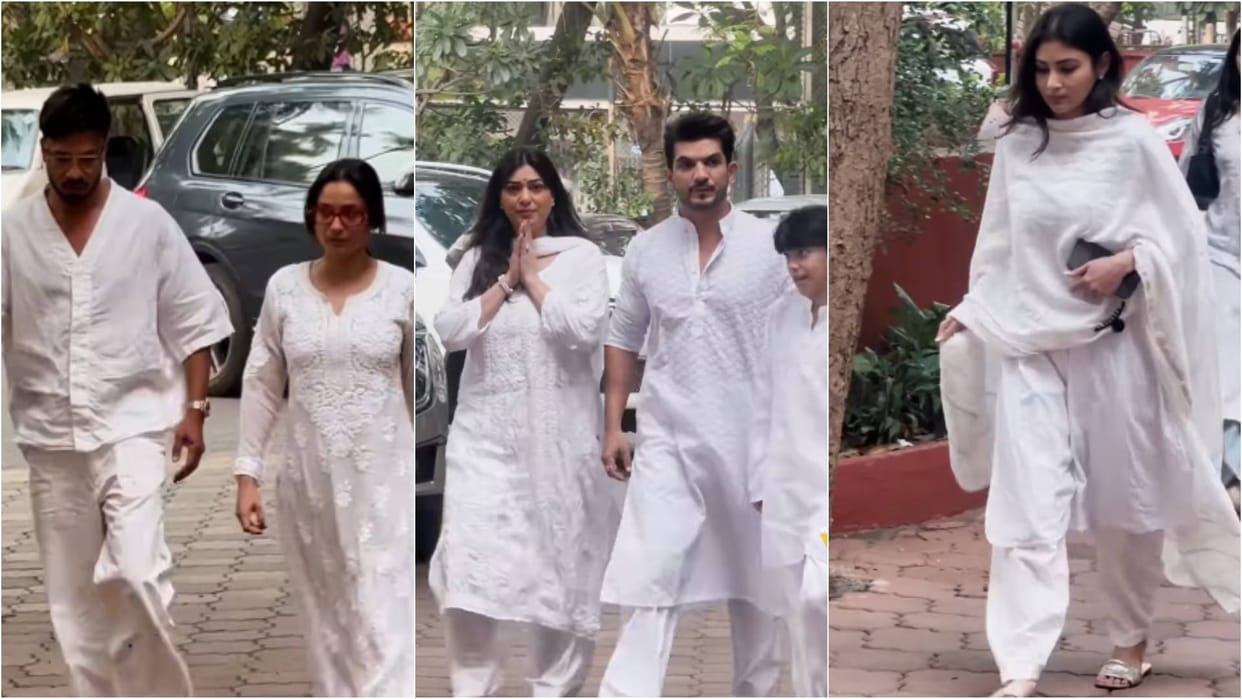 Ankita Lokhande Vicky Sana Makbul Mouni Roy Celebs Arrived at Arjun Bijlani father in law Prayer Meet