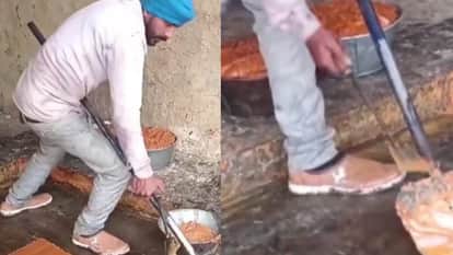 jaggery making video went viral on social media when a man was making jaggery and wearing shoes