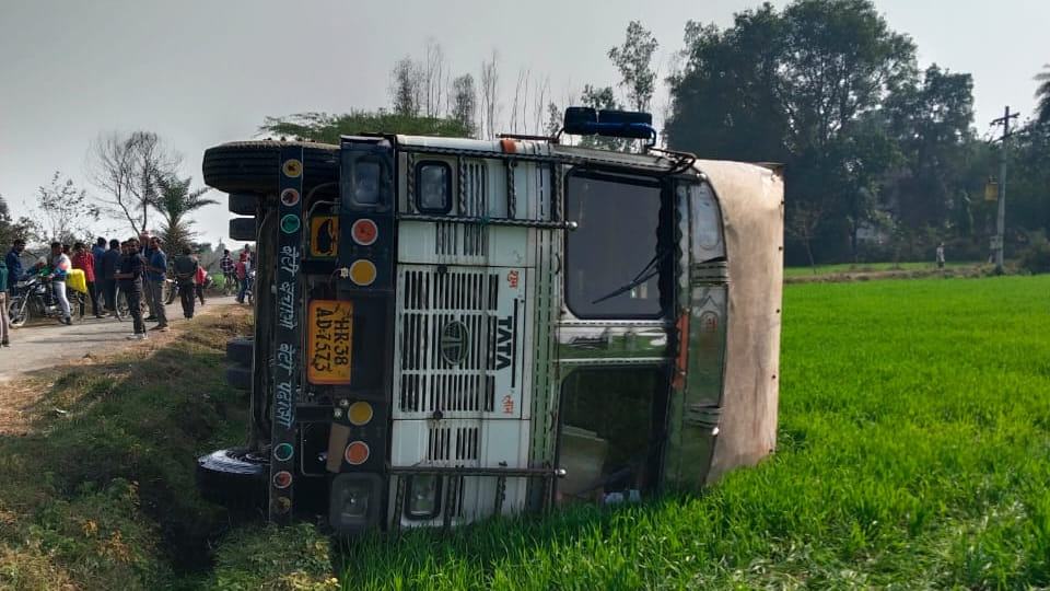 Auraiya: Truck overturns in field after hitting electric pole