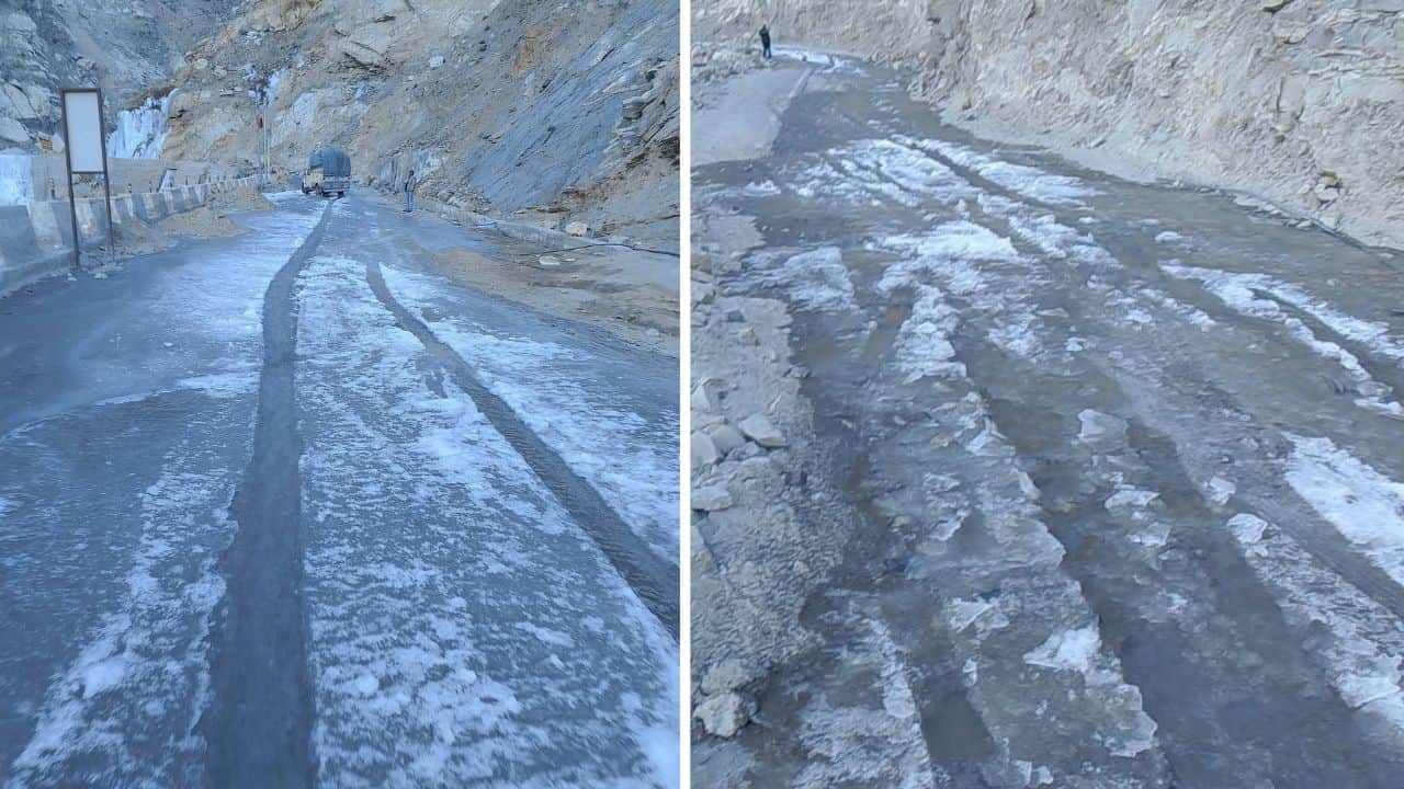 मलिंग नाले के पास हाईवे पर जमी बर्फ।