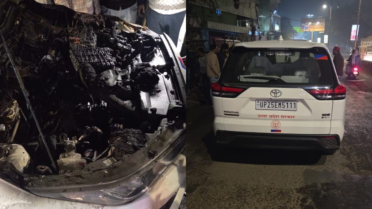car caught fire doors locked local residents rescued the RTO and his driver in bareilly
