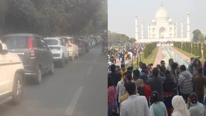 huge crowd gathered at Taj Mahal causing traffic jam on road