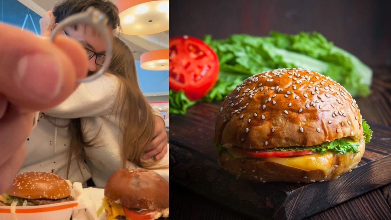 Viral Video boy hide engagement ring in burger thinking romantic filmy style proposal but girl swallowed