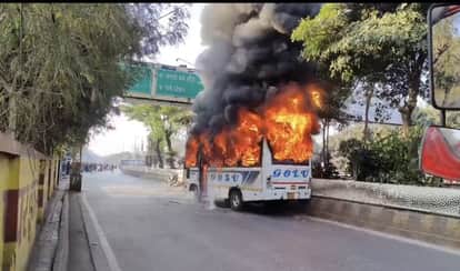 Indore: Shukla Brothers' bus hits biker, angry mob sets bus on fire