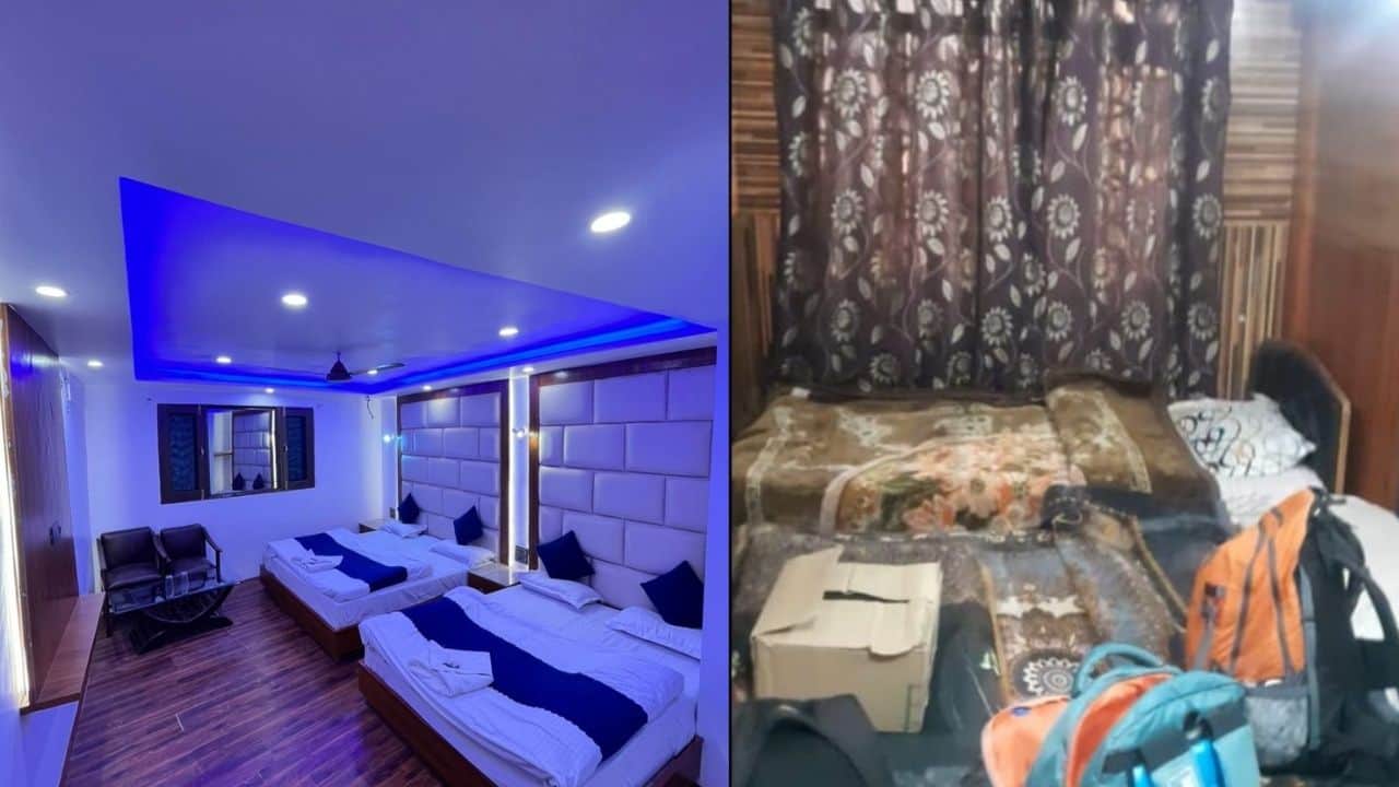 मोबाइल पर दिखाई गई होटल की फोटो और वास्तविकता में मिले कमरे की स्थिति।