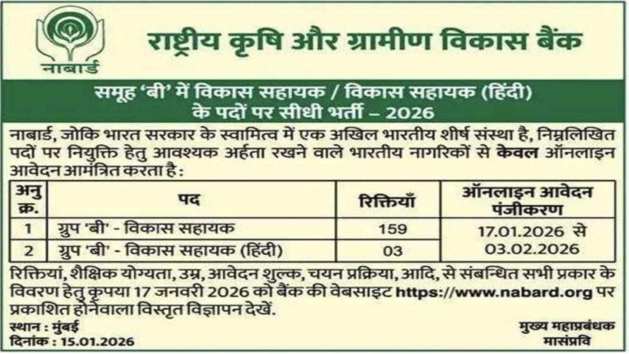 NABARD Development Assistant 2026 Notification out at nabard.org; Apply for 162 posts from 17 Jan