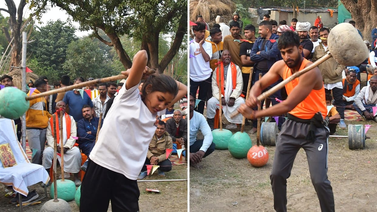 female wrestlers along with male counterparts also swung mace and club in grand wrestling competition