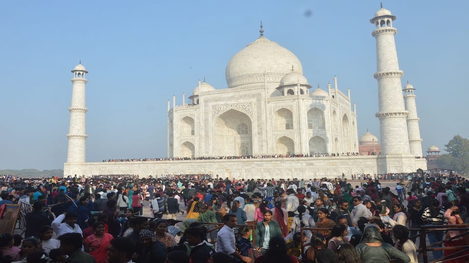 large crowd gathered at Taj Mahal in Agra for Shah Jahans Urs