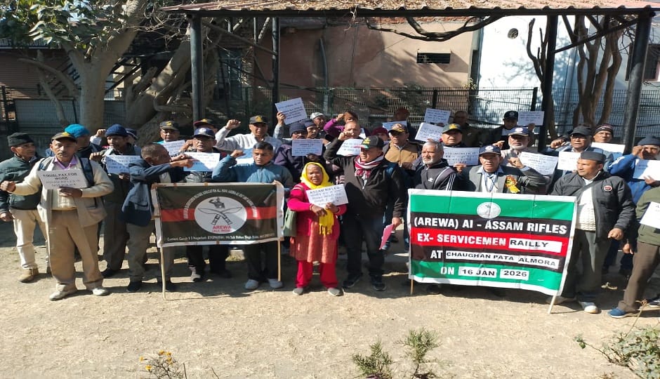 Former Assam Rifles personnel held a protest rally in the town in almora