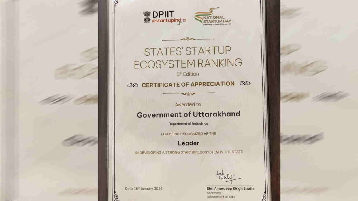 Uttarakhand receives Leader status in the Startup India rankings Startup Ecosystem Ranking
