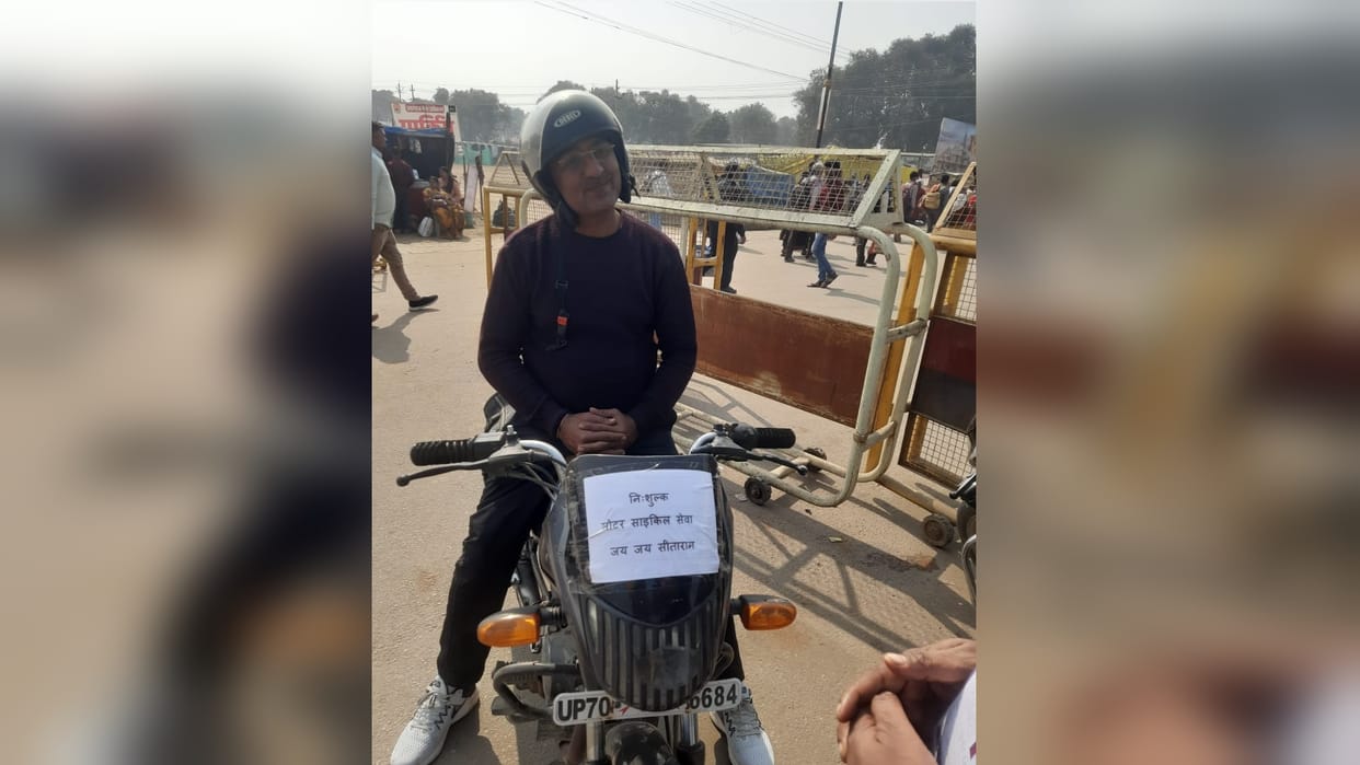 Magh Mela: Siddhartha bikes to devotees for free at the fair, earning them chants of Jai Jai Sitaram"in retu