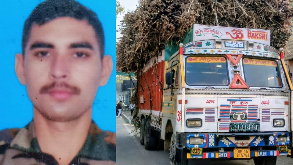 सेना के जवान शिवम की फाइल फोटो और हादसे का सबब बना ओवरलोड ट्रक।