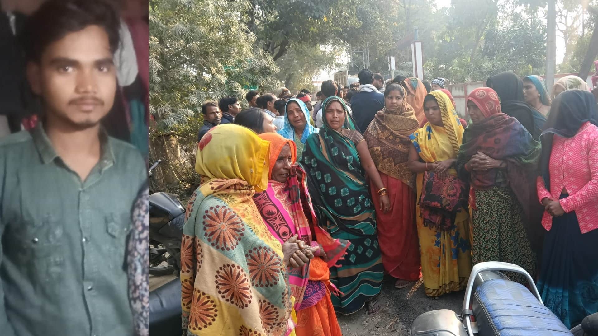 नागेंद्र की फाइल फोटो और उतरांव थाने पर जुटी परिजनों और ग्रामीणों की भीड़।