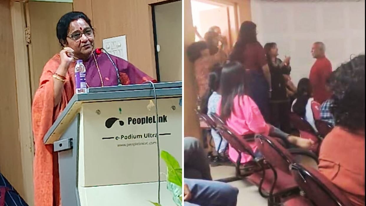 Students protest against writer Neerja at Hyderabad University stop car and demand an apology