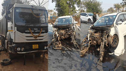 speeding car collided violently with tipper truck parked on side of road in Jagdalpur