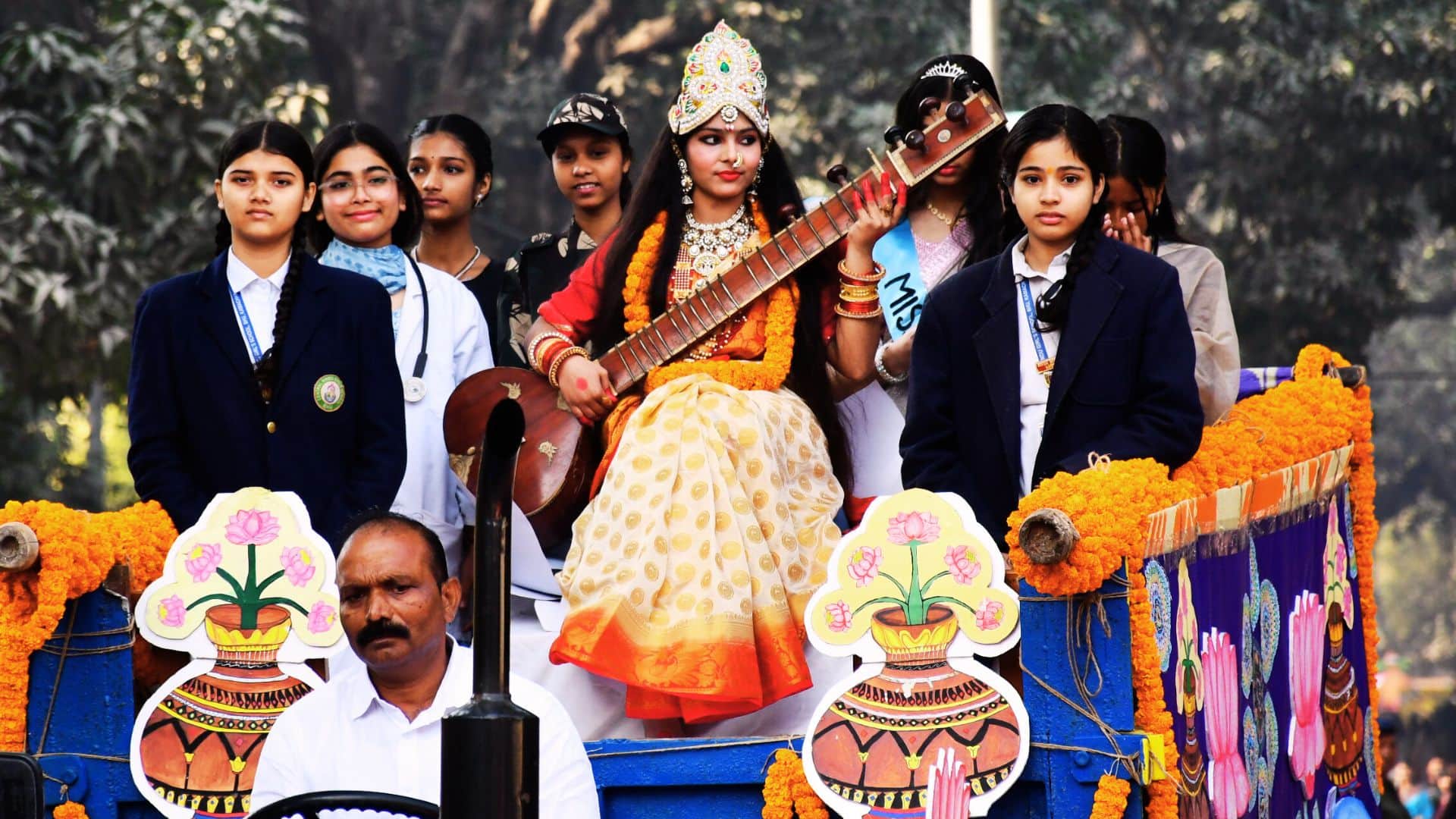 Foundation Day bhu Zumba dance on road floats featured robots astronauts and Gandhi philosophy