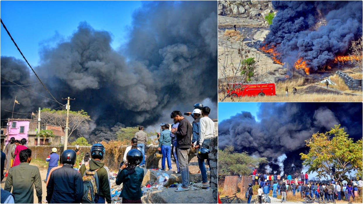 Fire Breaks Out at Scrap Tire Yard in Ranchi Military Firing Range Black Smoke Fills Sky No Casualties Report