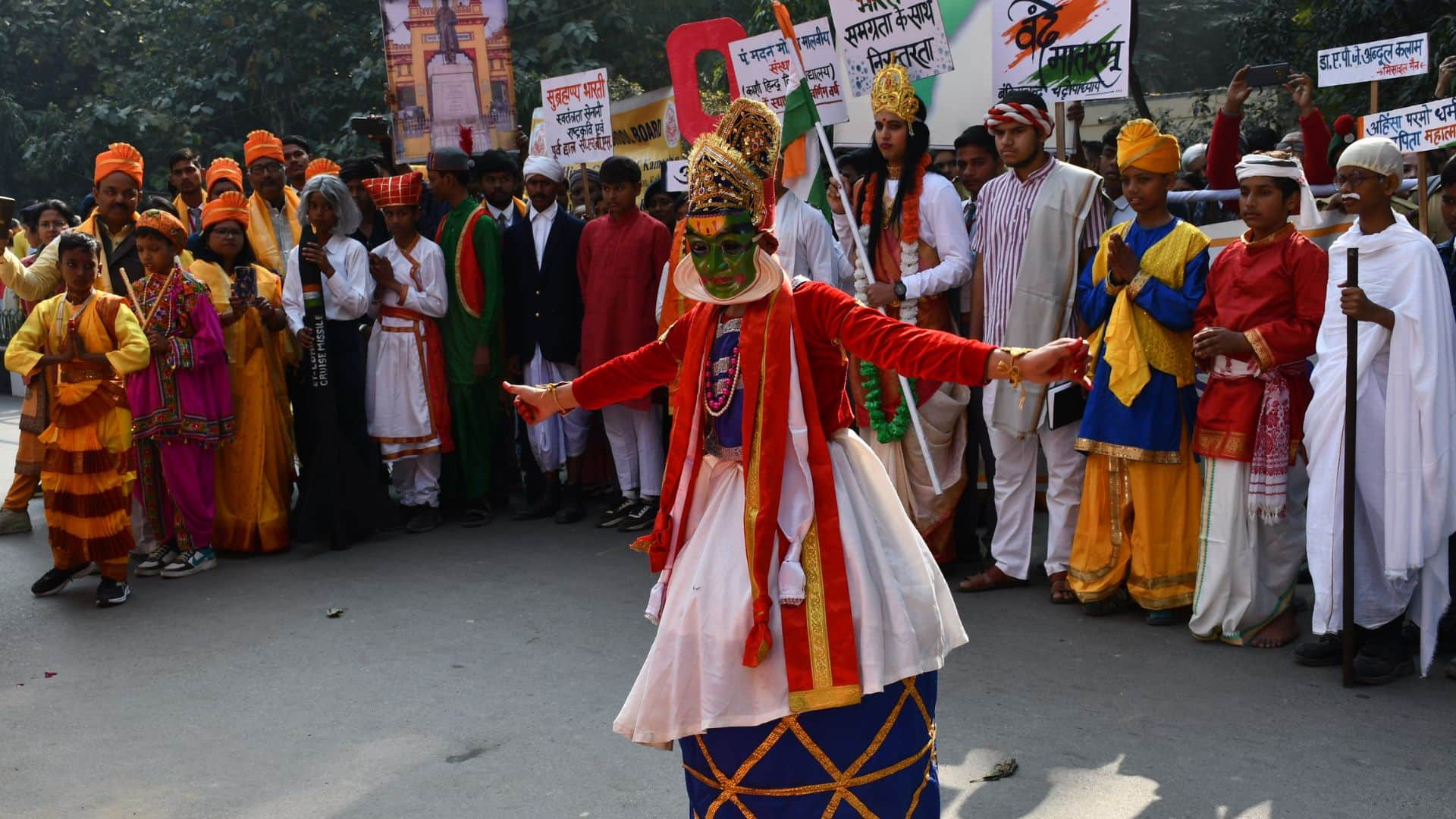 Foundation Day bhu Zumba dance on road floats featured robots astronauts and Gandhi philosophy