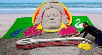 vasant panchami bhagalpur coal ash saraswati artwork international sand artist madhurendra kumar