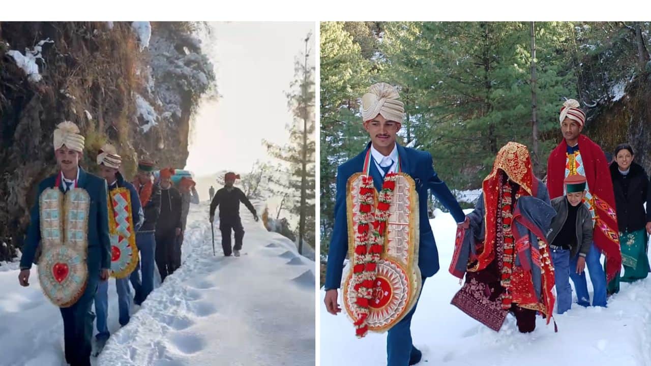 बर्फबारी में पैदल चलते दूल्हा और दुल्हन।