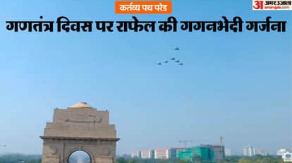 Republic day parade 2026 rafake fighter jets fly past on kartavya path in vajraang formation