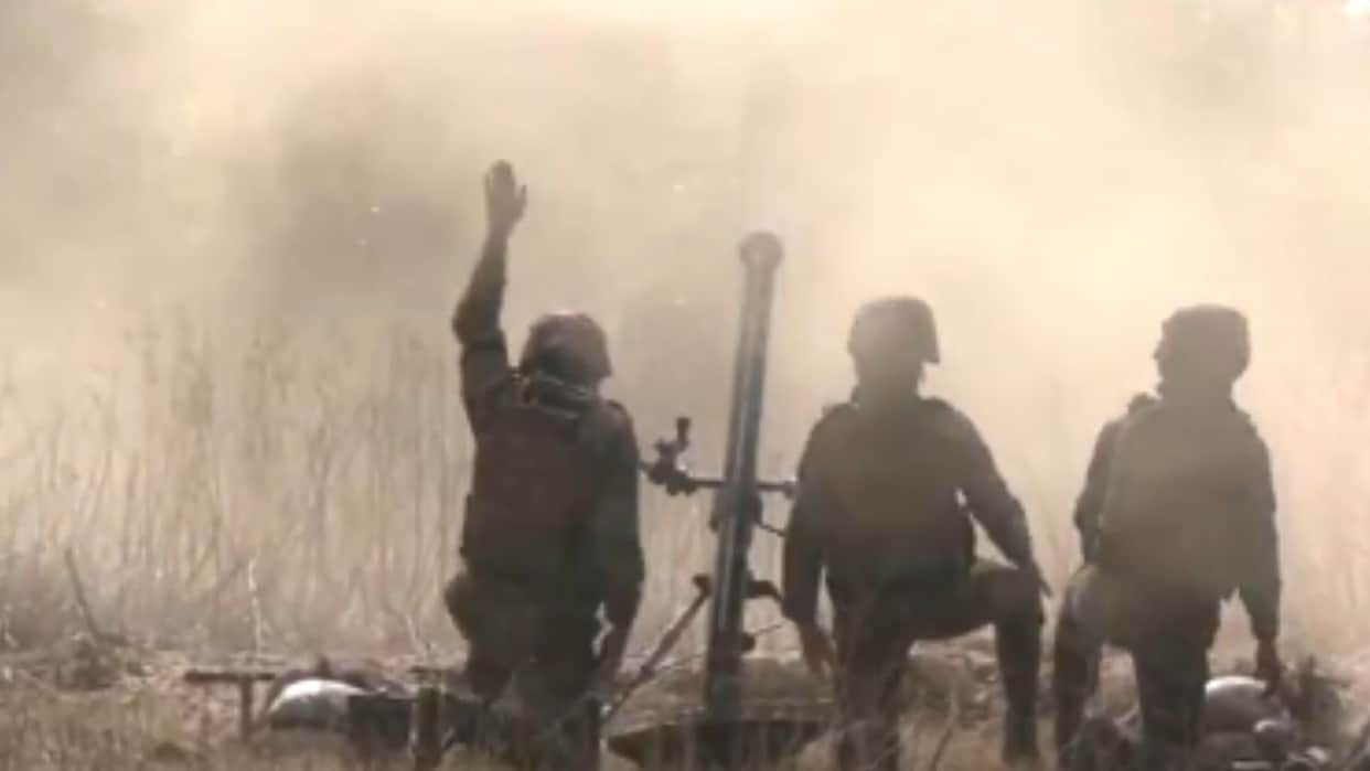 Indian Army personnel conduct drill with 81 MM mortar system at a location along LoC in Jammu & Kashmir