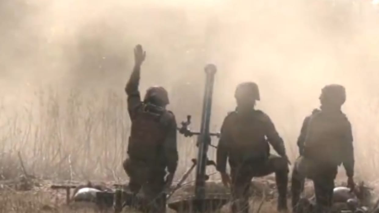 Indian Army personnel conduct drill with 81 MM mortar system at a location along LoC in Jammu & Kashmir