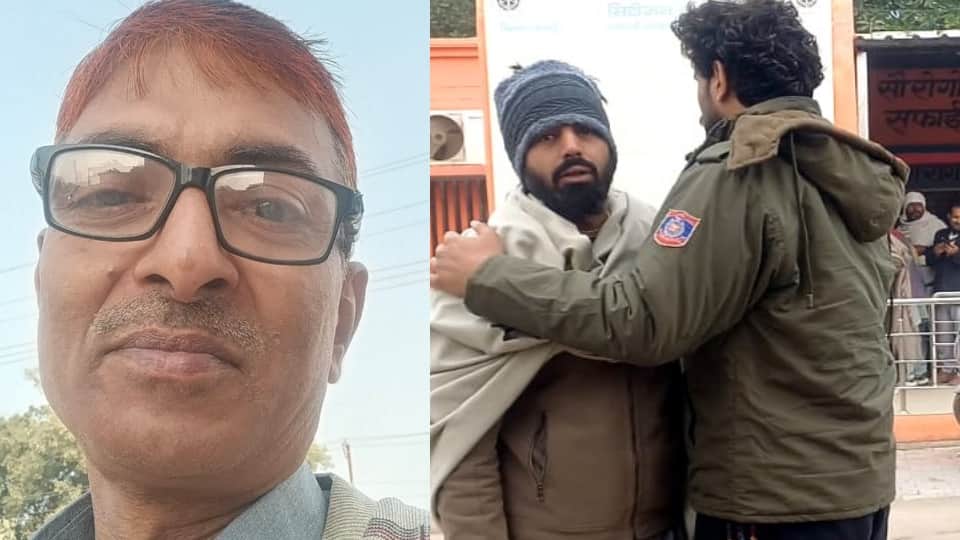 संजय शर्मा की फाइल फोटो और गमजदा परिजन।