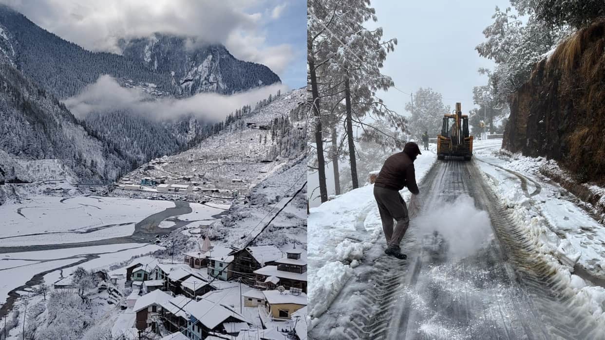 Snowfall Gangotri Yamunotri shrines covered white blanket of snow snowfall Harsil Kharsali Auli watch photos
