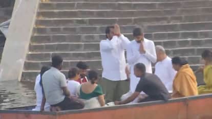 Ajit Pawa  ashes immersed at confluence of Karaha and Nira rivers with Sunetra Pawar present with her sons