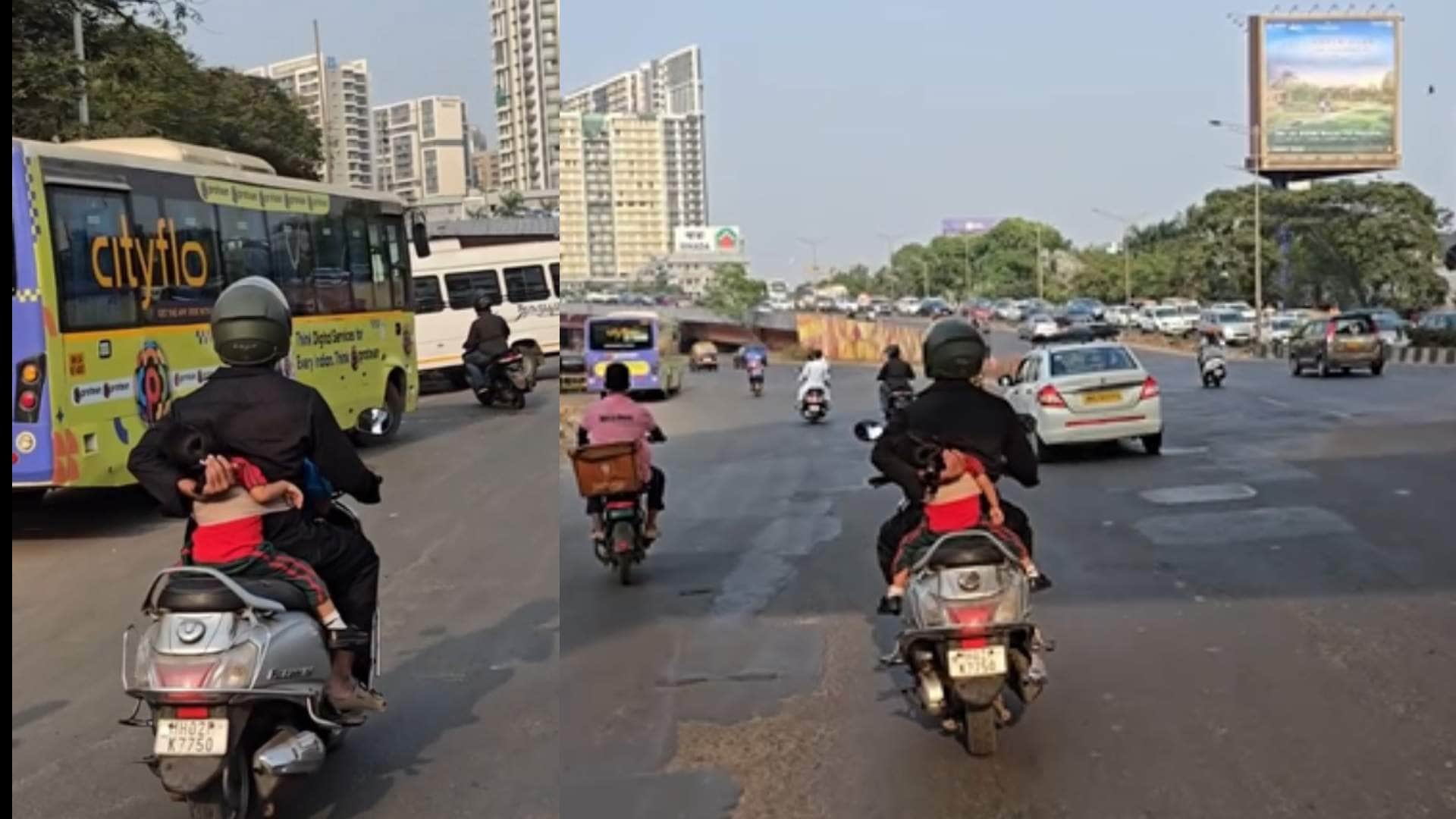 स्कूटी पर सोई बिटिया को संभालते हुए पिता का वीडियो