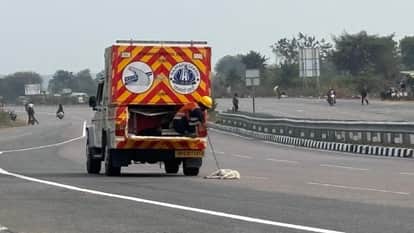 Jhansi: Shameful act of NHAI patrolling team, video of dragging a dead animal goes viral