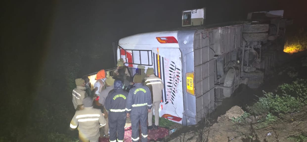 Etawah Road Accident Double decker bus overturns on overbridge more than a dozen injured