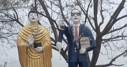 Etawah Anti social elements vandalized Baba Sahebs statue damaged CCTV cameras to conceal their identity