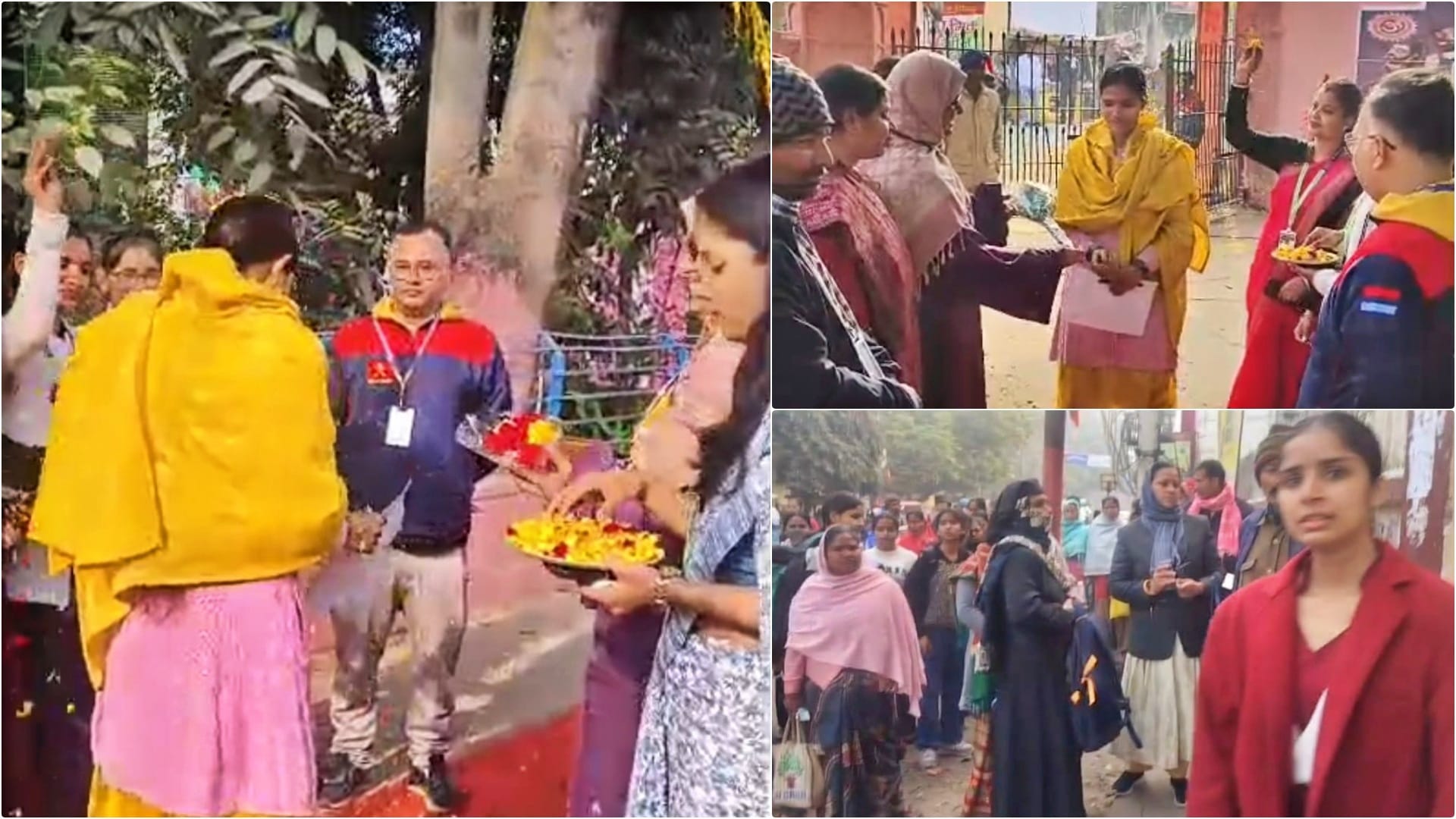 परीक्षा केंद्र में परीक्षार्थियों का फूलों और चॉकलेट से किया गया स्वागत