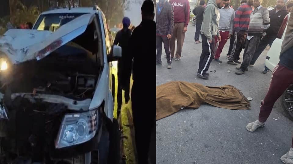 क्षतिग्रस्त टाटा सफारी और सड़क पर पड़े शव।